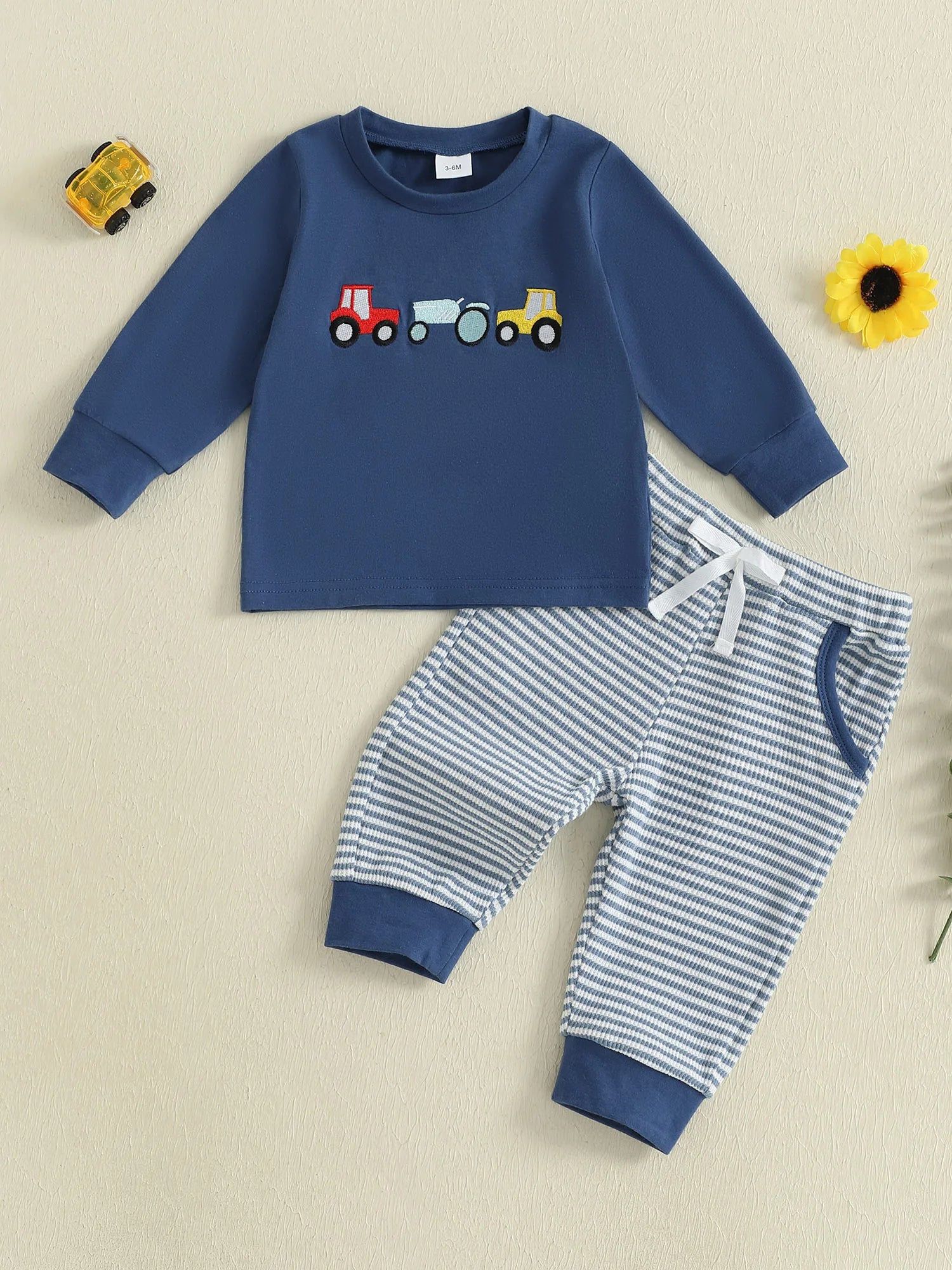 Boys Autumn Clothing Set with Car Embroidered Sweatshirt and Striped Pants - 2 Piece Outfit for Toddlers