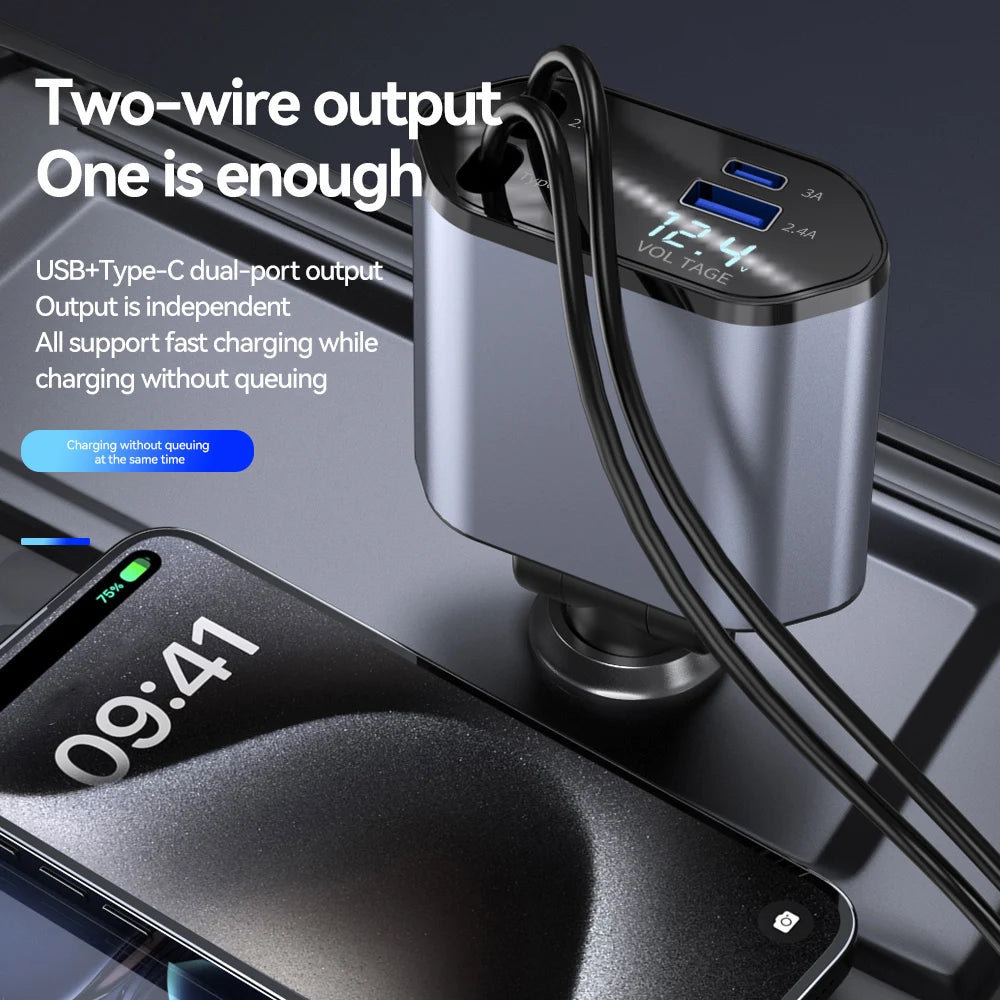 Cargador de Auto 4 en 1 120W Retráctil | USB Tipo C | iPhone Xiaomi Samsung 🔌