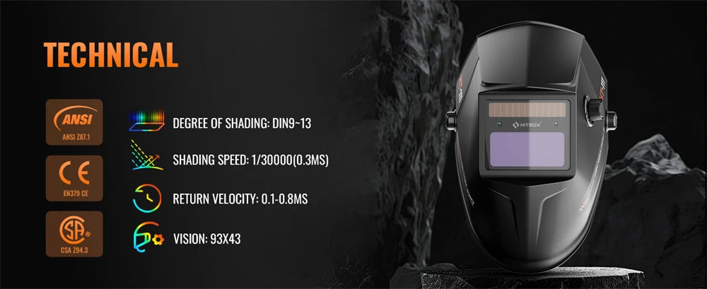 HITBOX Welding Helmet Auto Darkening Welding Mask For TIG MIG ARC Welder Machine Large View True Color DIN9-13 93*43MM Vision