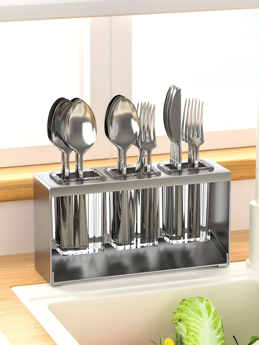 1pc Multifunctional Drain Rack with Built-in Storage Box for Kitchen Utensils Forks Spoons Knives