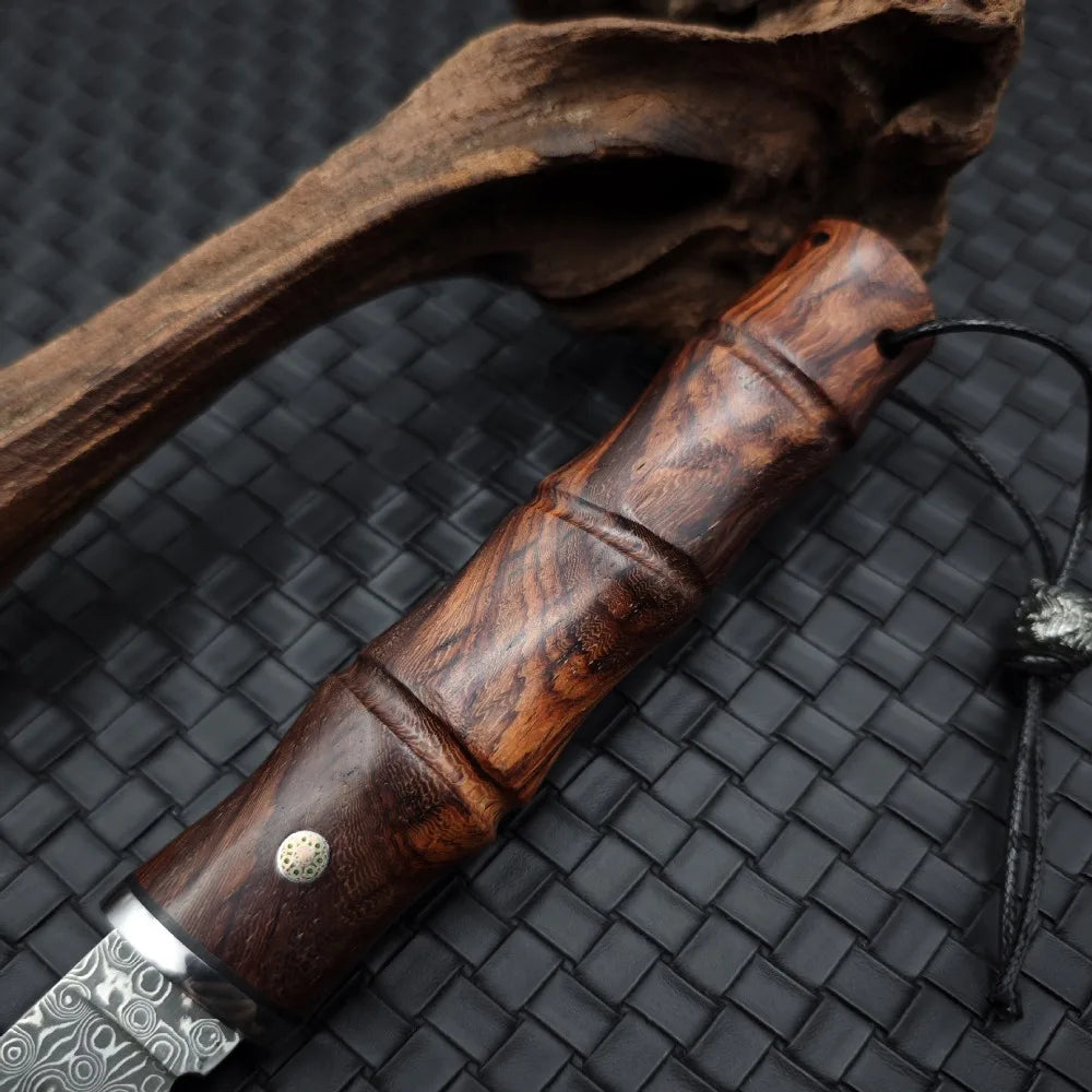 Bamboo Shape Damascus Blade Red Sandalwood Handles Tactical Survival Hunting Knives Camping EDC Self Defense Tools with Gift Box