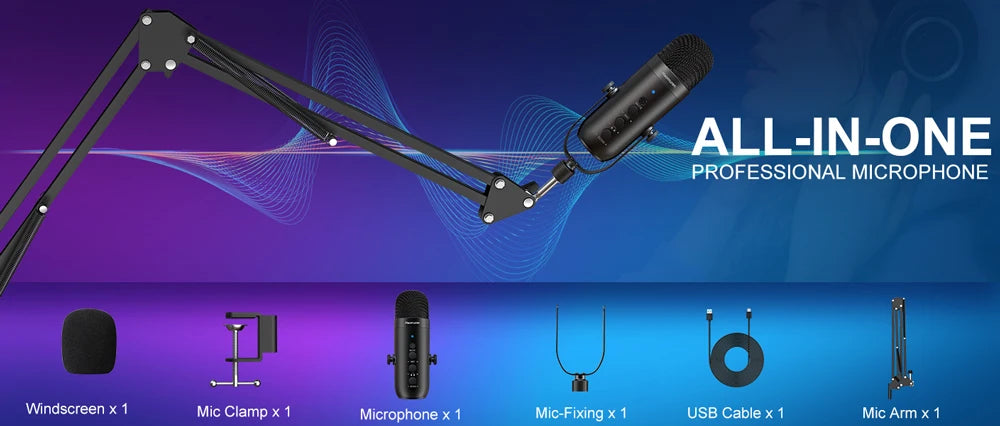 Micrófono USB Condensador Cardioide HAOMUREN | Kit con Brazo | Podcast, Streaming y YouTube - Firu Total Sales