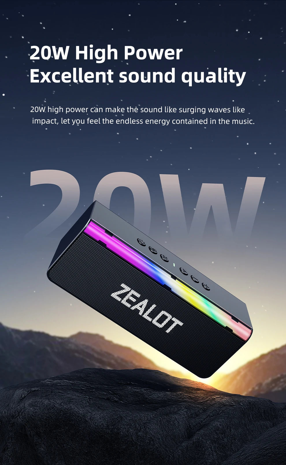 Zealot-S72 Outdoor Bluetooth Speaker 20W Superior Sound and Bass Music Sound Box IPX6 Waterproof 10H Playtime Portable Speaker