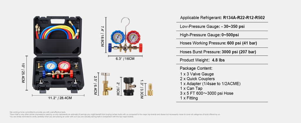SucceBuy AC Gauge Set 3 Way AC Manifold Gauge Set for R134A/ R22/R12/R502 Refrigerant Works on Car Freon Charging and Evacuation