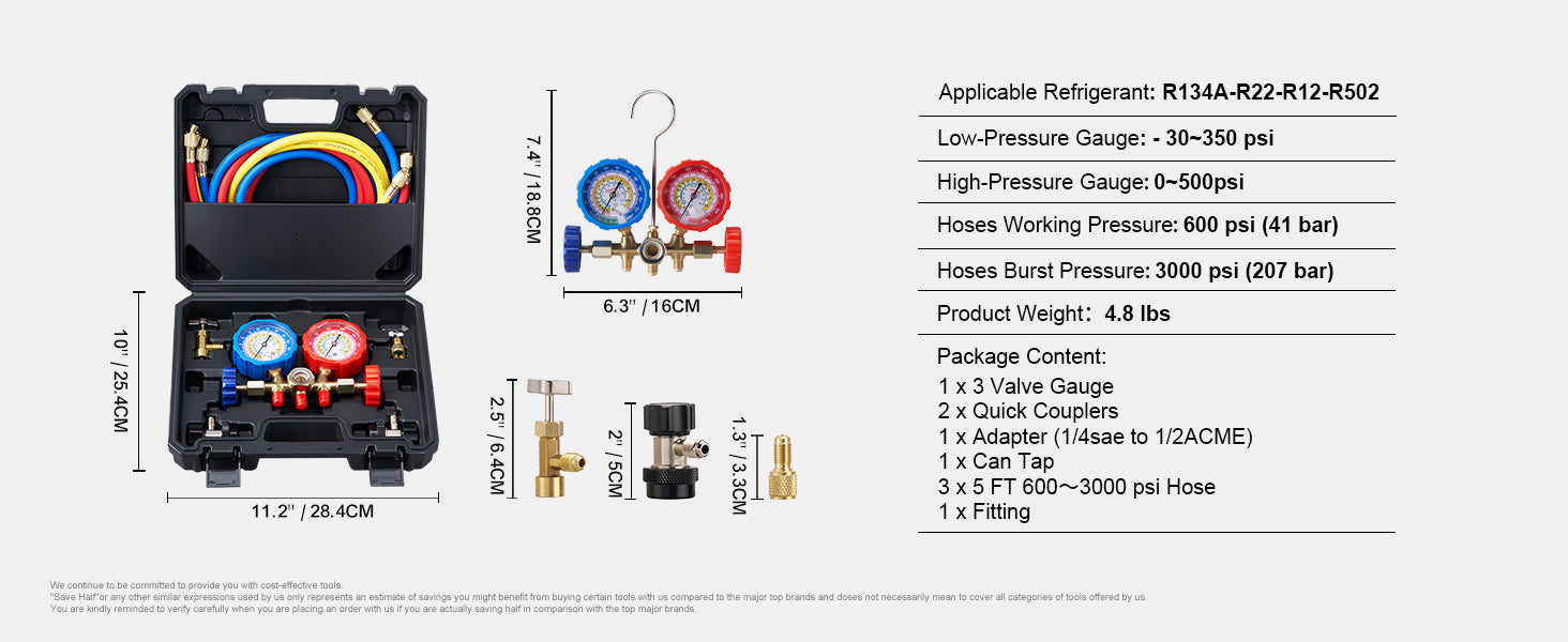 SucceBuy AC Gauge Set 3 Way AC Manifold Gauge Set for R134A/ R22/R12/R502 Refrigerant Works on Car Freon Charging and Evacuation