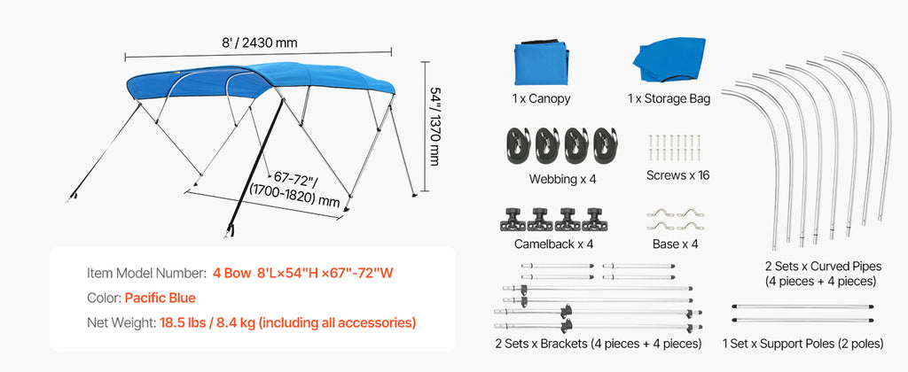 VEVOR 4 Bow Boat Bimini Tops 600D Polyester Canopy with Aluminum Alloy Frame Waterproof & Sun Shade Boat Awning Canopy Grey/Blue