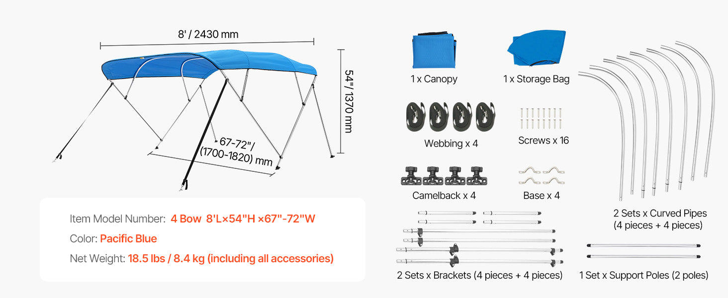 VEVOR 4 Bow Boat Bimini Tops 600D Polyester Canopy with Aluminum Alloy Frame Waterproof & Sun Shade Boat Awning Canopy Grey/Blue