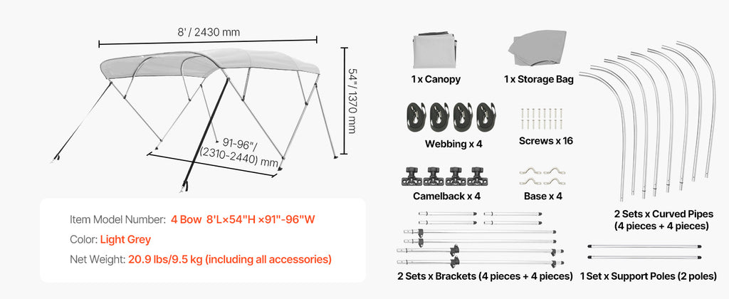 VEVOR 4 Bow Boat Bimini Tops 600D Polyester Canopy with Aluminum Alloy Frame Waterproof & Sun Shade Boat Awning Canopy Grey/Blue