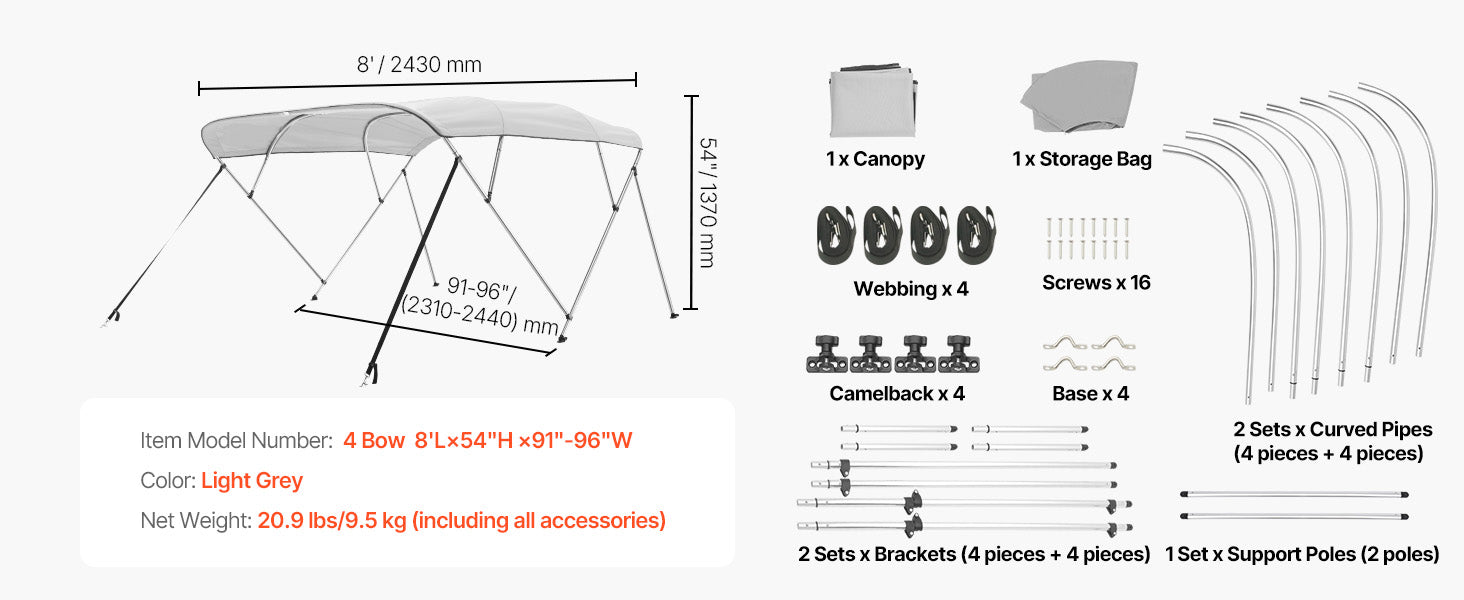 VEVOR 4 Bow Boat Bimini Tops 600D Polyester Canopy with Aluminum Alloy Frame Waterproof & Sun Shade Boat Awning Canopy Grey/Blue