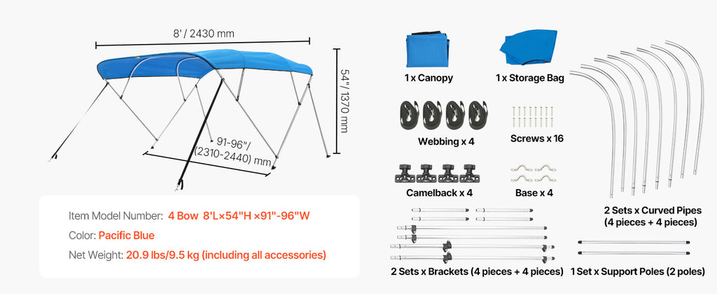 VEVOR 4 Bow Boat Bimini Tops 600D Polyester Canopy with Aluminum Alloy Frame Waterproof & Sun Shade Boat Awning Canopy Grey/Blue