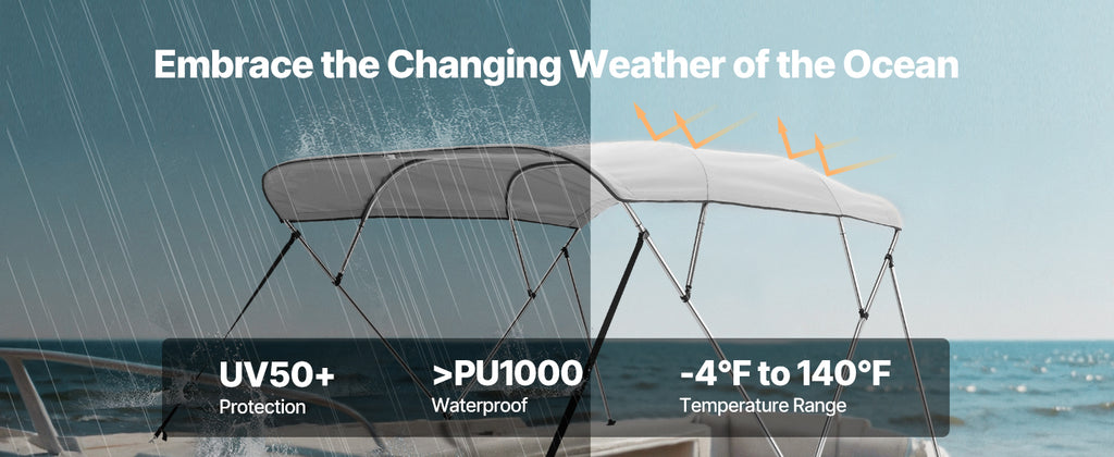 VEVOR 4 Bow Boat Bimini Tops 600D Polyester Canopy with Aluminum Alloy Frame Waterproof & Sun Shade Boat Awning Canopy Grey/Blue