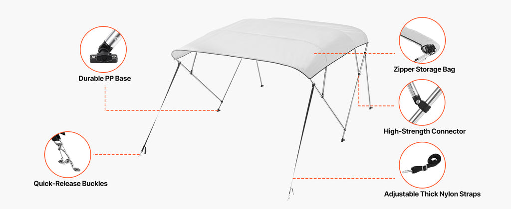 VEVOR 4 Bow Boat Bimini Tops 600D Polyester Canopy with Aluminum Alloy Frame Waterproof & Sun Shade Boat Awning Canopy Grey/Blue