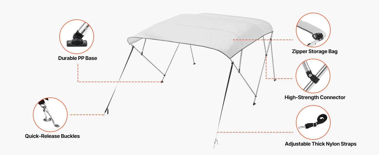 VEVOR 4 Bow Boat Bimini Tops 600D Polyester Canopy with Aluminum Alloy Frame Waterproof & Sun Shade Boat Awning Canopy Grey/Blue
