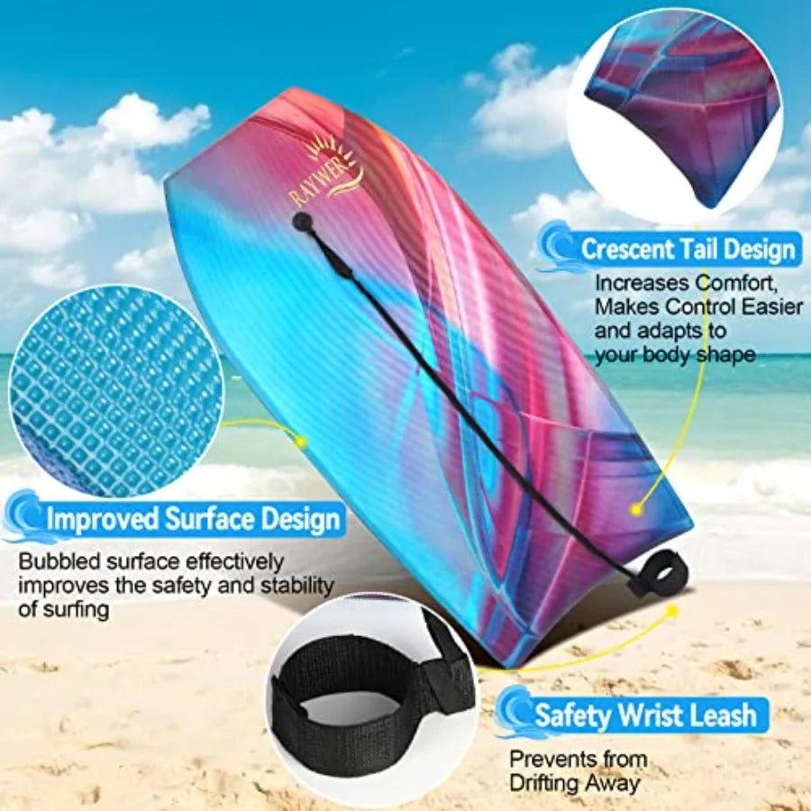 Body Board Lightwght with EPS Core HDPE Slick Bottom Leash and Adjustable Wrist Rope Great Surfing for and Adults - Firu Total Sales