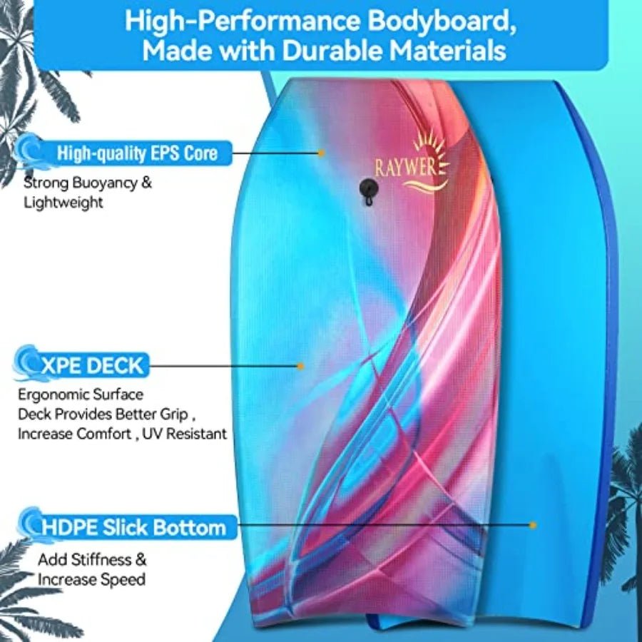 Body Board Lightwght with EPS Core HDPE Slick Bottom Leash and Adjustable Wrist Rope Great Surfing for and Adults - Firu Total Sales