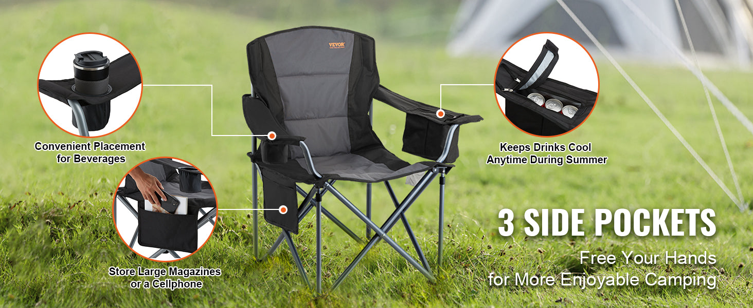 SucceBuy Camping Folding Chair for Adults Portable Quad Lumbar Back Padded Arm Chairs with Side Pockets for Beach, Lawn, Picnic
