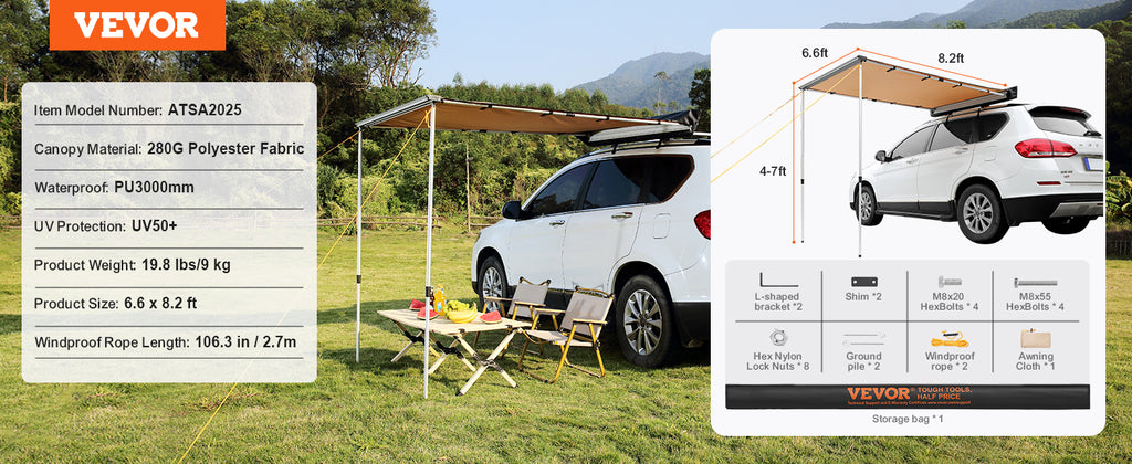 SucceBuy Vehicle Awning  Retractable Car Side Awning Car Awning with Waterproof Storage Bag  Suitable for Truck SUV Van Campers
