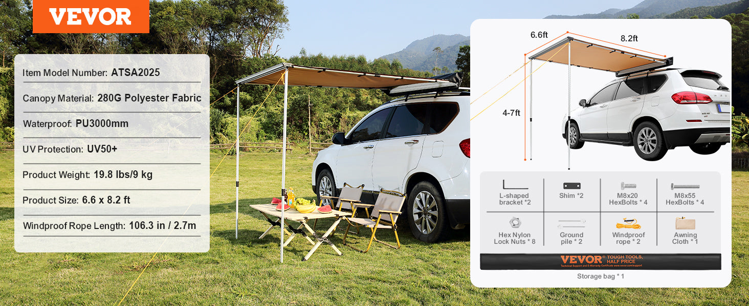 SucceBuy Vehicle Awning  Retractable Car Side Awning Car Awning with Waterproof Storage Bag  Suitable for Truck SUV Van Campers