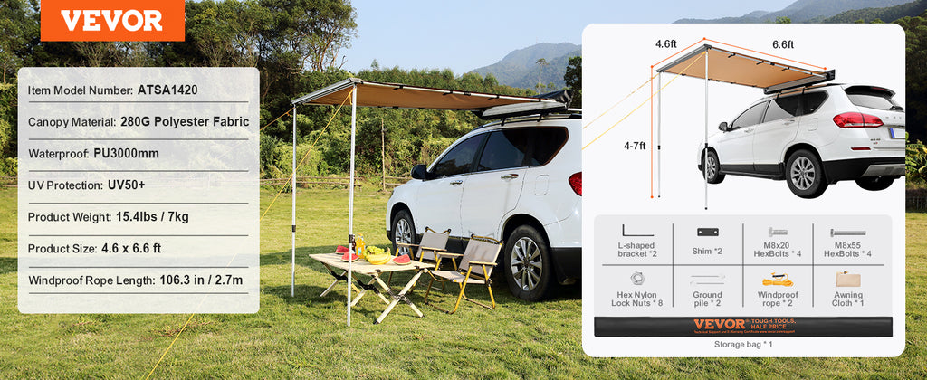 SucceBuy Vehicle Awning  Retractable Car Side Awning Car Awning with Waterproof Storage Bag  Suitable for Truck SUV Van Campers