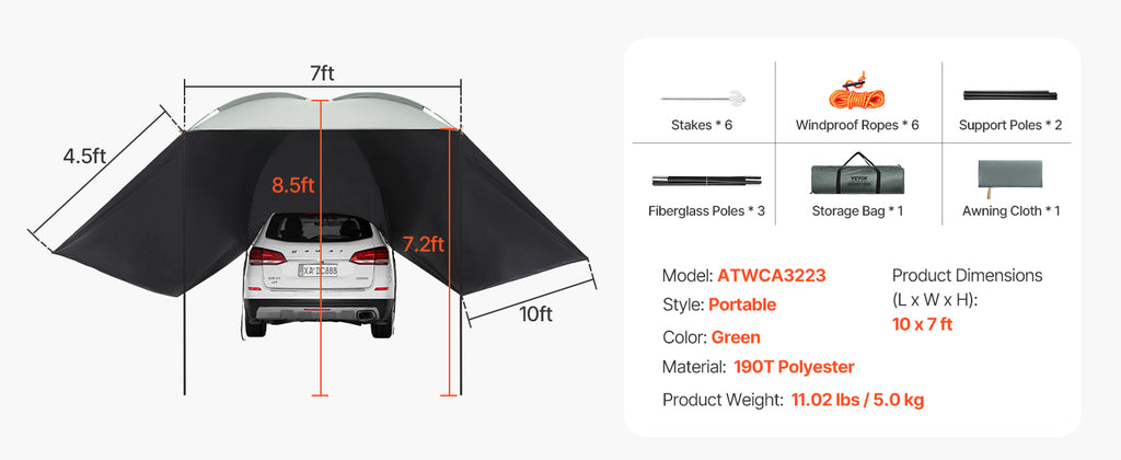 SucceBuy Vehicle Awning  Retractable Car Side Awning Car Awning with Waterproof Storage Bag  Suitable for Truck SUV Van Campers