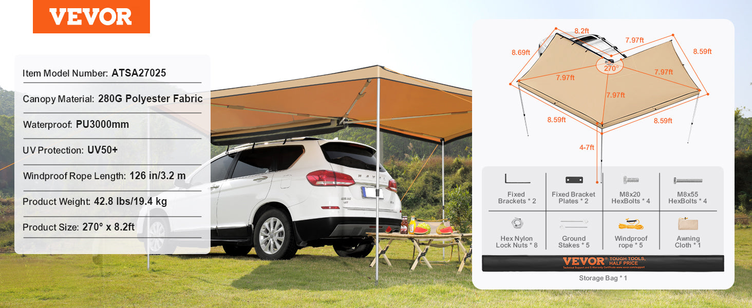SucceBuy Vehicle Awning  Retractable Car Side Awning Car Awning with Waterproof Storage Bag  Suitable for Truck SUV Van Campers