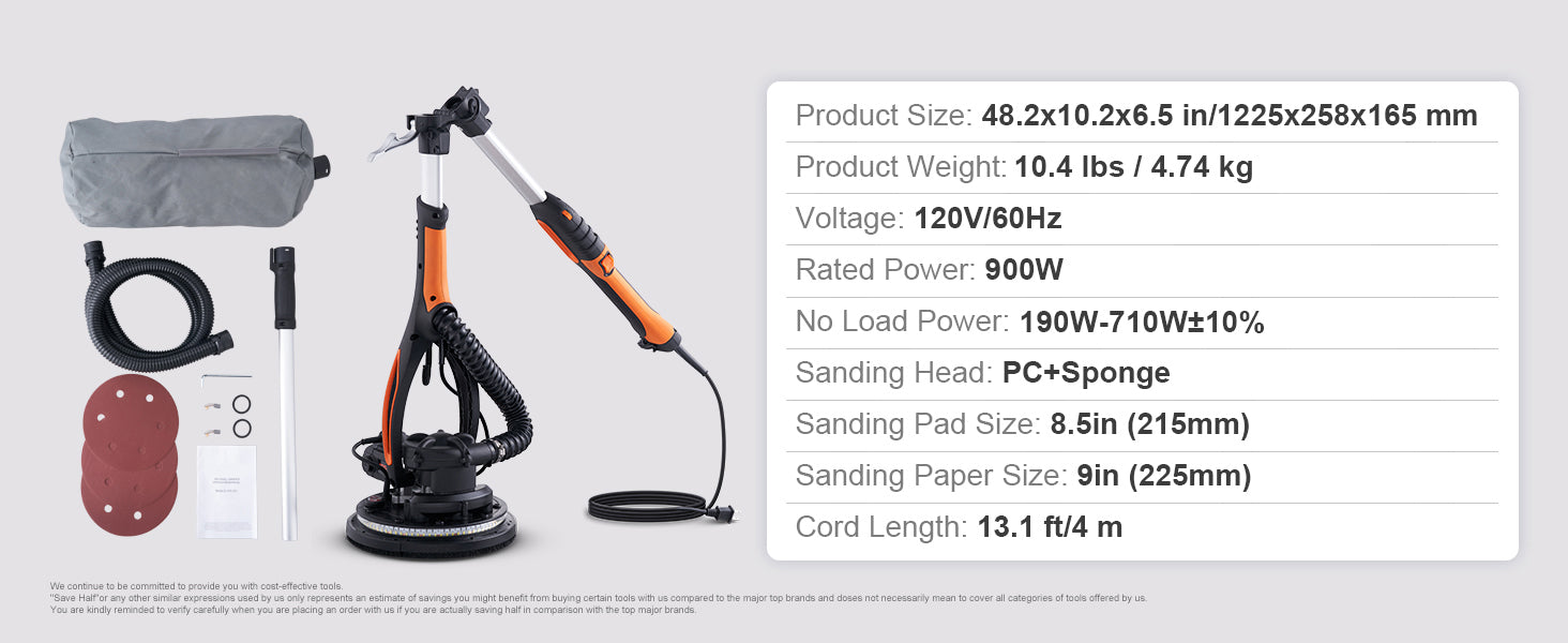 SucceBuy 900W Drywall Sander Brush Motor Electric Adjustable Variable Speed with Self-Suction Handle Wall Grinder Sander Machine