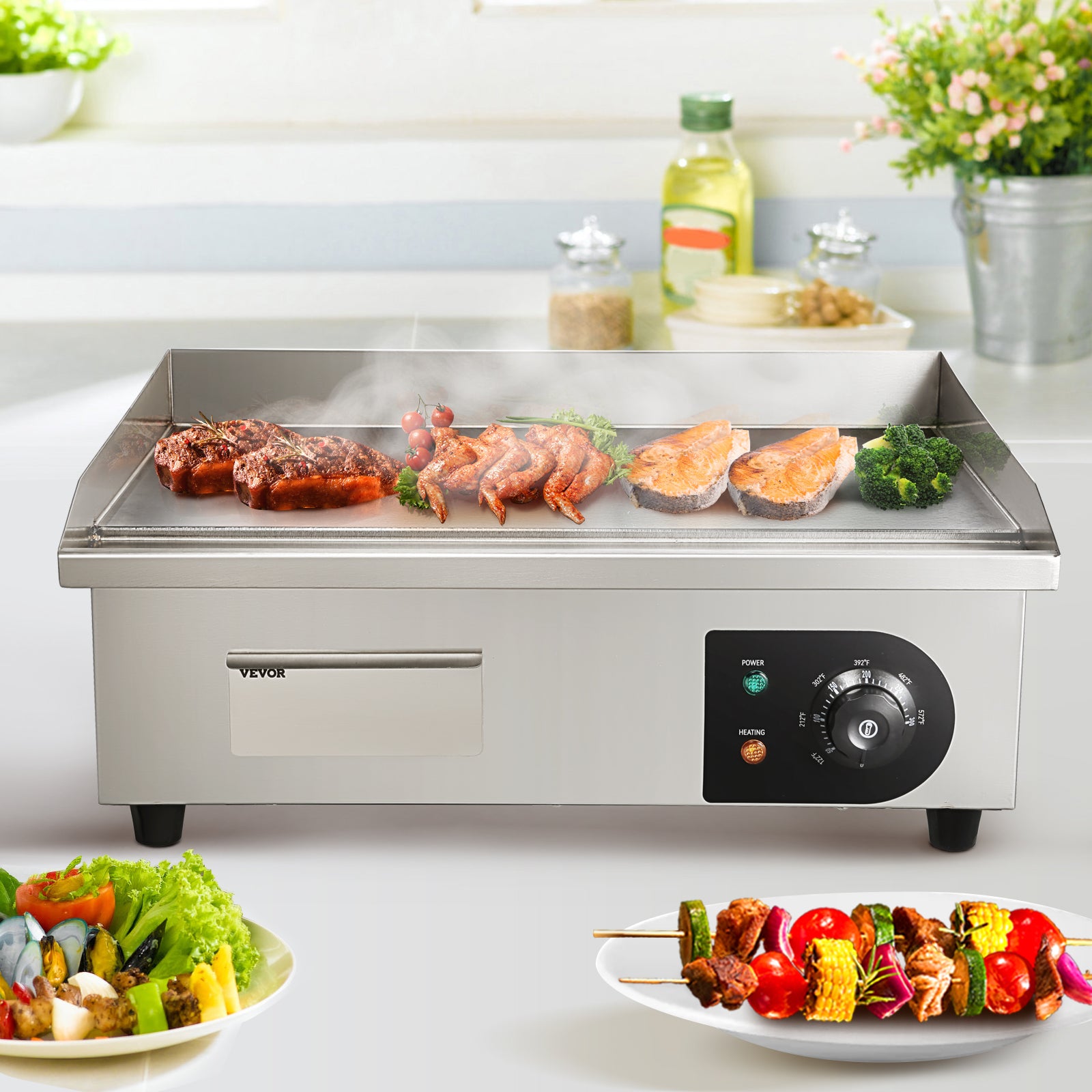 SucceBuy 21In Commercial Electric Grill Flat Pan Stainless Steel Desktop Griddle Hotplate Teppanyaki Grill w/Temperature Control