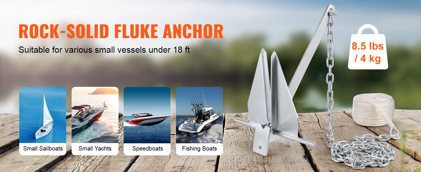SucceBuy Fluke Style Anchor Kit, 13 LBS Hot-Dipped Galvanized Steel Fluke Anchor with 7.9' Chain 101' Rope and Two 0.4" Shackles