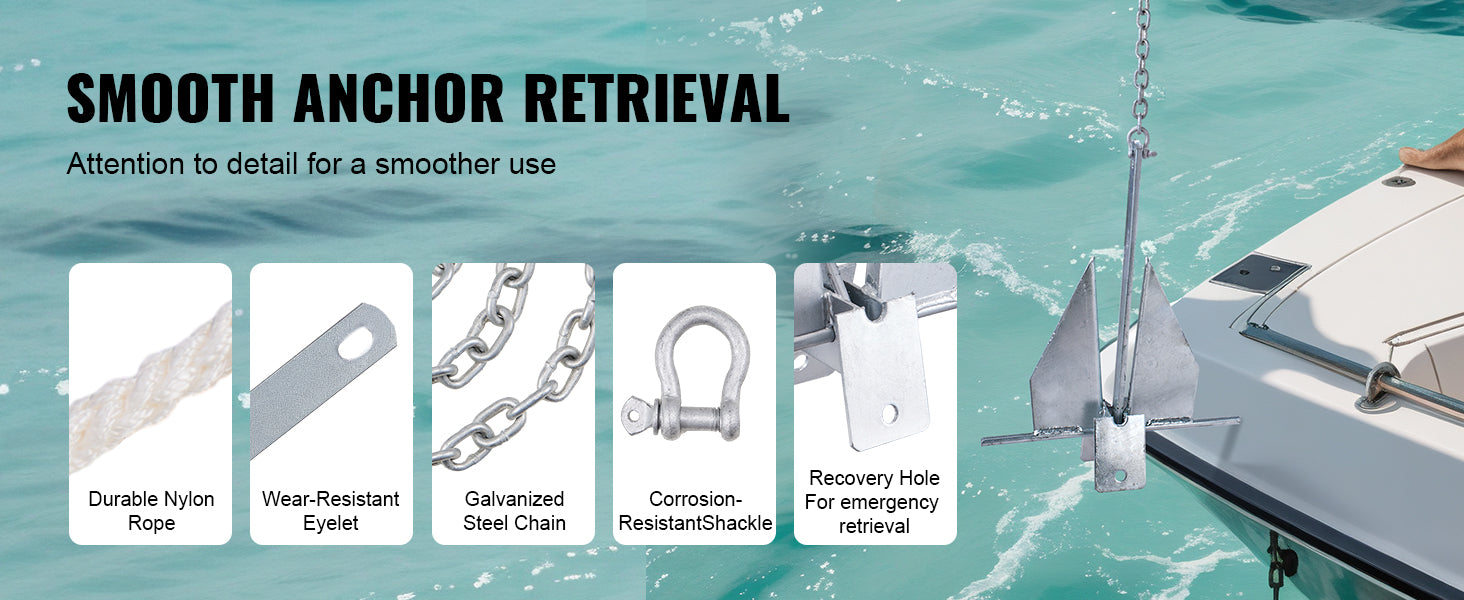 SucceBuy Fluke Style Anchor Kit, 13 LBS Hot-Dipped Galvanized Steel Fluke Anchor with 7.9' Chain 101' Rope and Two 0.4" Shackles