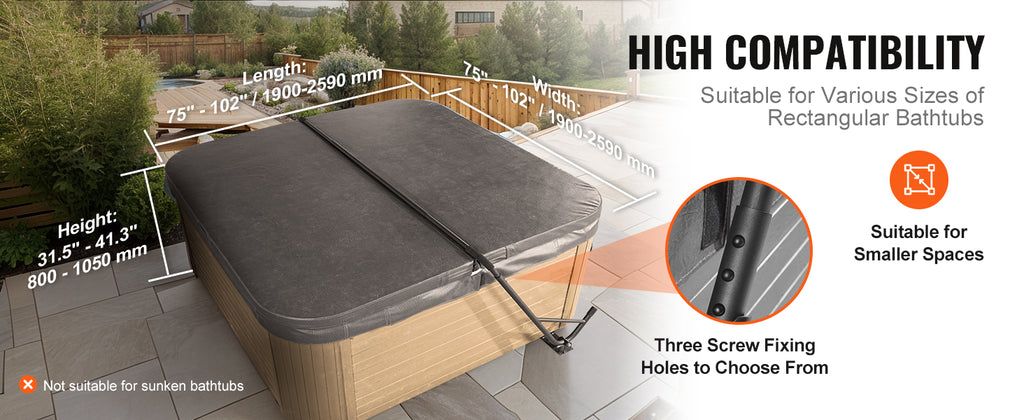 SucceBuy Hot Tub Cover Lift Spa Cover Lift Height 31.5"-41.3" Width 57"-92.5" Adjustable Installed Underneath Both Side Suitable