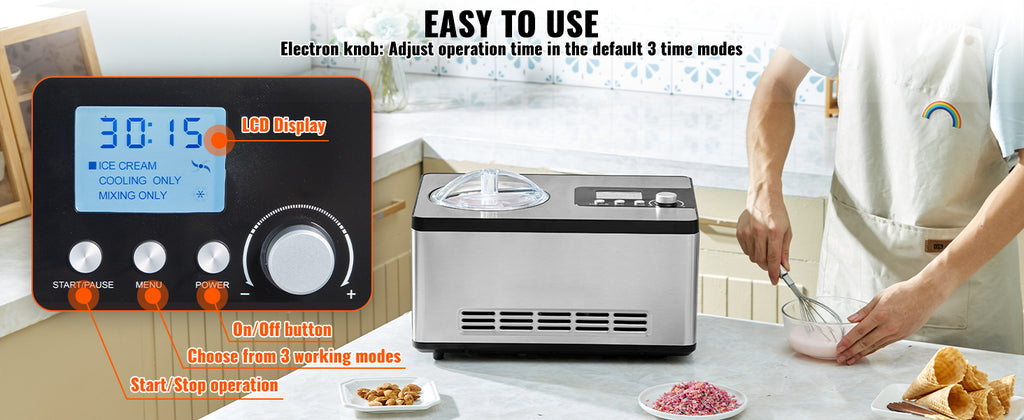 SucceBuy Máquina de Helados Eléctrica 2Qt | Compresor Integrado | Sin Pre-congelar | Yogur y Sorbete