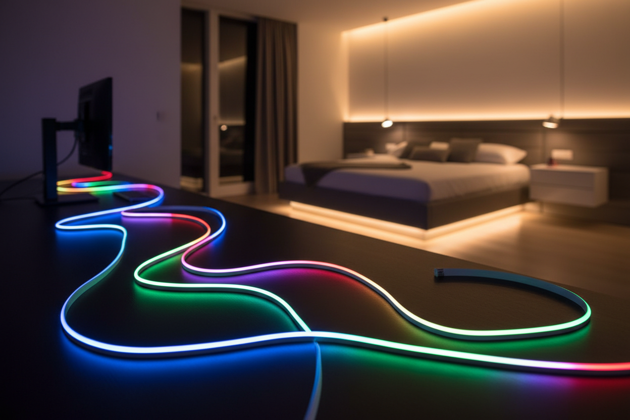 RGB LED Strip Lights glowing in a modern bedroom