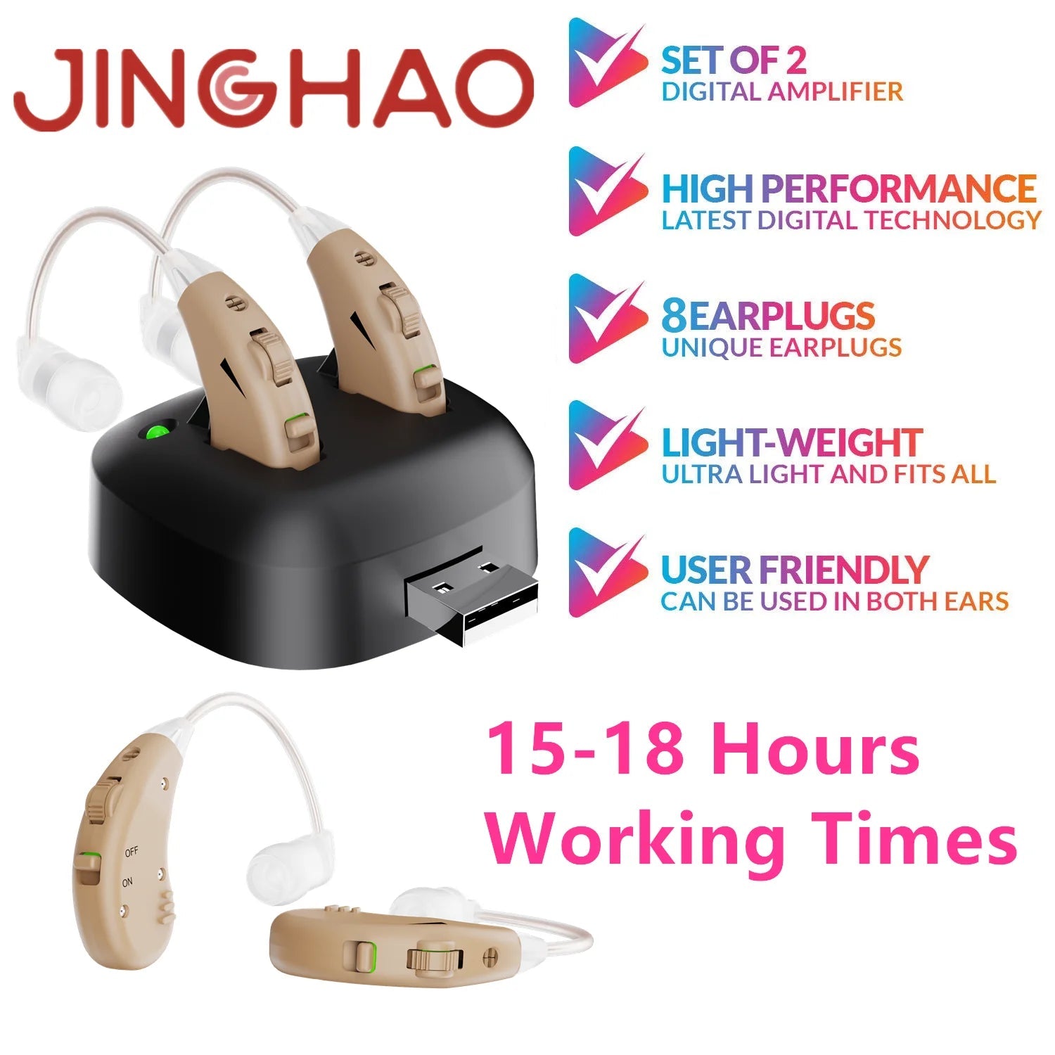 JINGHAO Rechargeable Hearing Aids BTE Ear Aids Hearing Amplifier Behind The Ear Sound Enhance Device Local Stock - Firu Total Sales