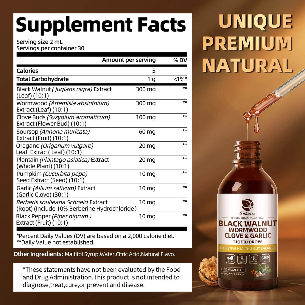 Lukaree 60ML Black Walnut Drop with Wormwood Clove & Garlic Support Digestion and Immune Health, Detoxify the Body Antioxidant - Firu Total Sales