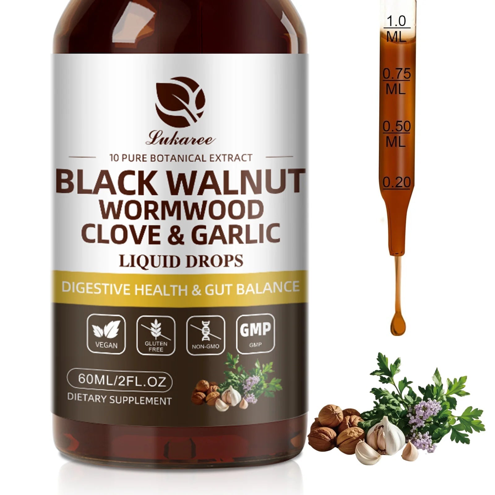 Lukaree 60ML Black Walnut Drop with Wormwood Clove & Garlic Support Digestion and Immune Health, Detoxify the Body Antioxidant - Firu Total Sales