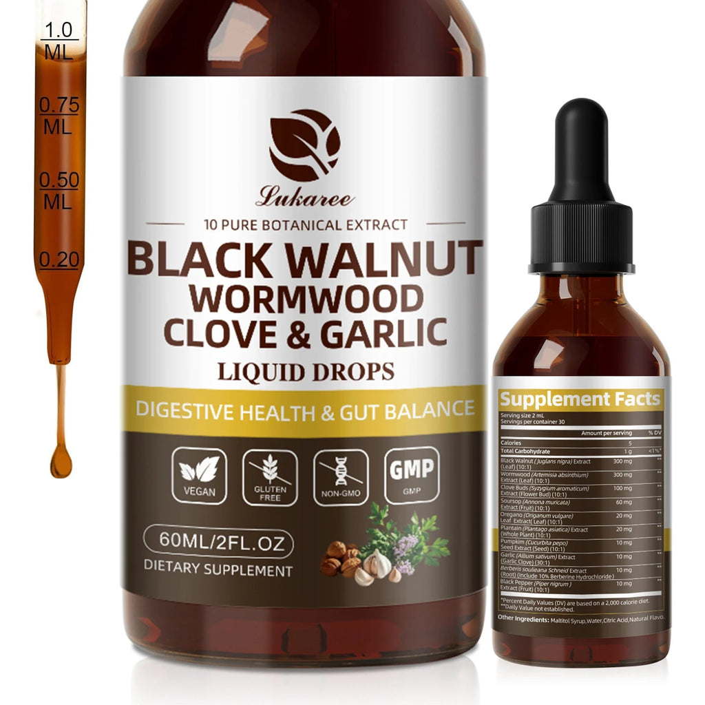 Lukaree 60ML Black Walnut Drop with Wormwood Clove & Garlic Support Digestion and Immune Health, Detoxify the Body Antioxidant - Firu Total Sales