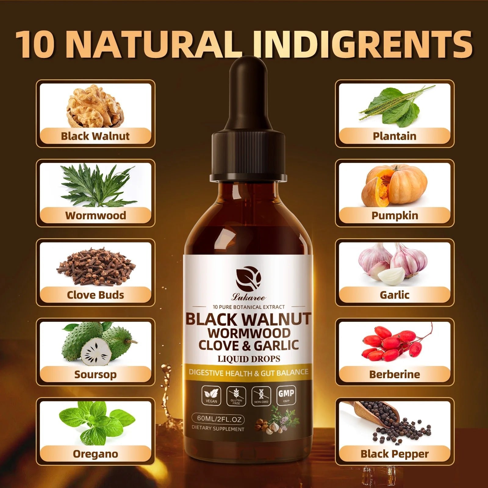 Lukaree 60ML Black Walnut Drop with Wormwood Clove & Garlic Support Digestion and Immune Health, Detoxify the Body Antioxidant - Firu Total Sales