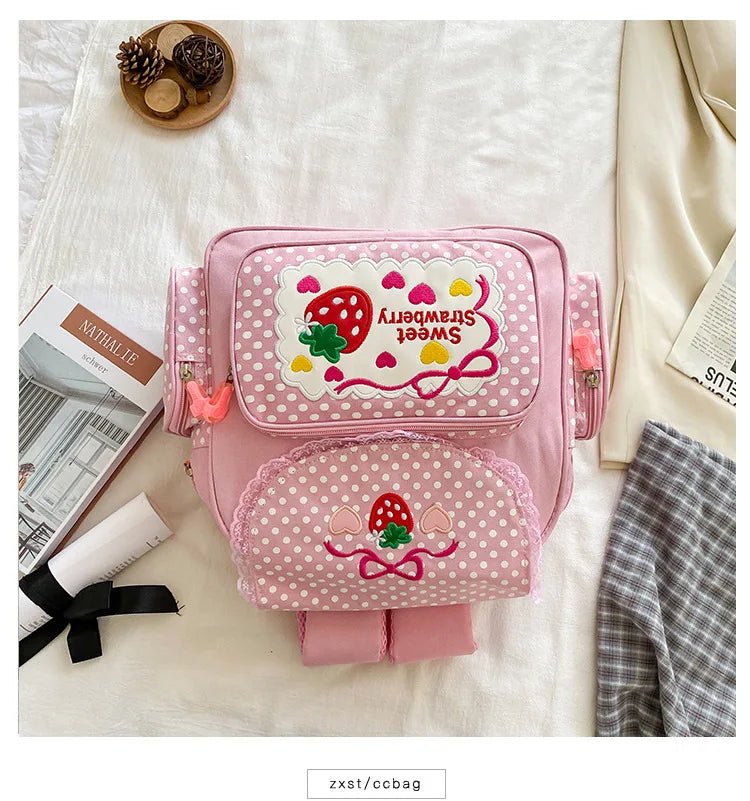 Pink Girl Embroidery Strawberry Children's Schoolbag Student Birthday Gift 2026 New Japanese Cartoon Pink Backpack Book Bags - Firu Total Sales
