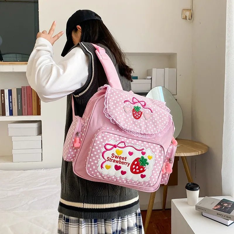 Pink Girl Embroidery Strawberry Children's Schoolbag Student Birthday Gift 2026 New Japanese Cartoon Pink Backpack Book Bags - Firu Total Sales