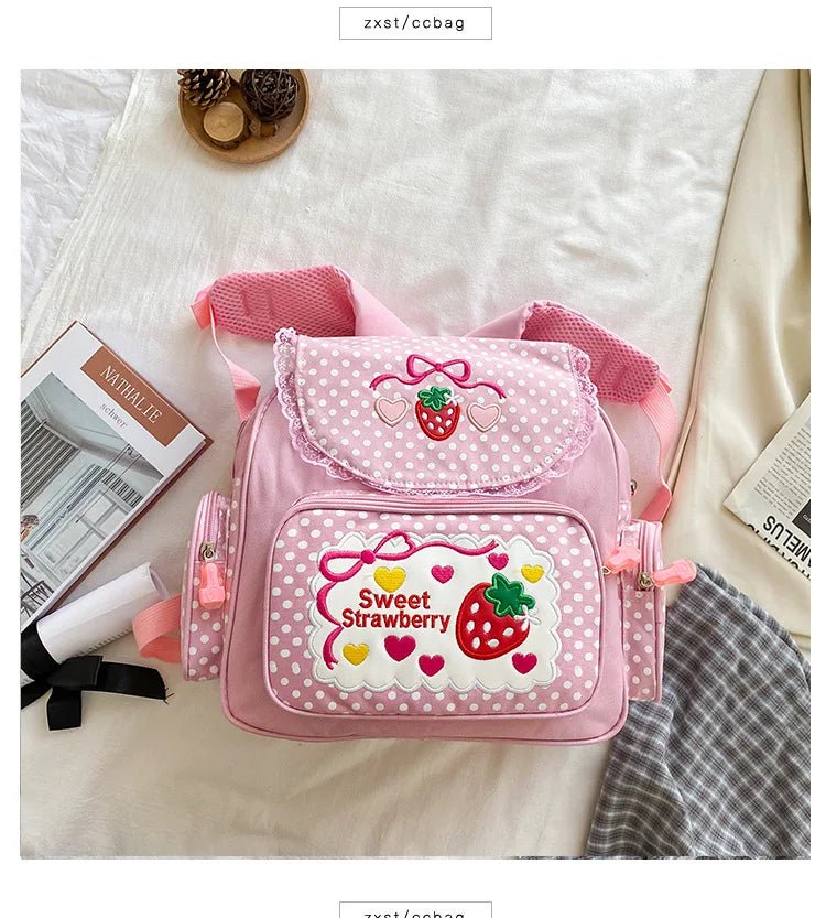 Pink Girl Embroidery Strawberry Children's Schoolbag Student Birthday Gift 2026 New Japanese Cartoon Pink Backpack Book Bags - Firu Total Sales
