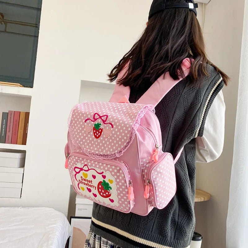 Pink Girl Embroidery Strawberry Children's Schoolbag Student Birthday Gift 2026 New Japanese Cartoon Pink Backpack Book Bags - Firu Total Sales