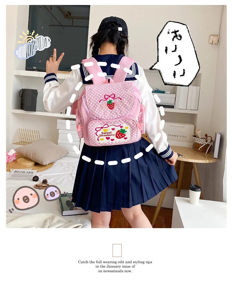 Pink Girl Embroidery Strawberry Children's Schoolbag Student Birthday Gift 2026 New Japanese Cartoon Pink Backpack Book Bags - Firu Total Sales