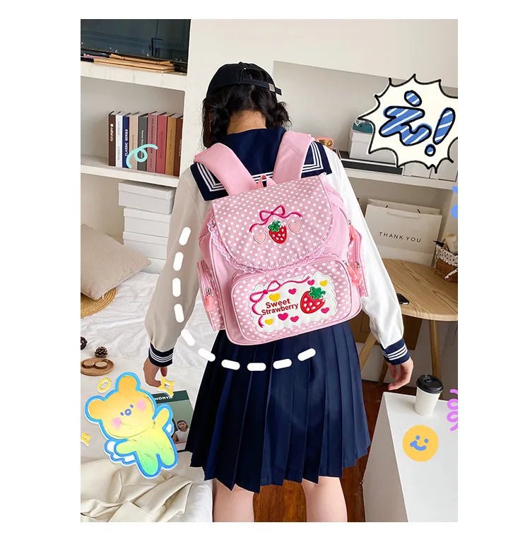 Pink Girl Embroidery Strawberry Children's Schoolbag Student Birthday Gift 2026 New Japanese Cartoon Pink Backpack Book Bags - Firu Total Sales