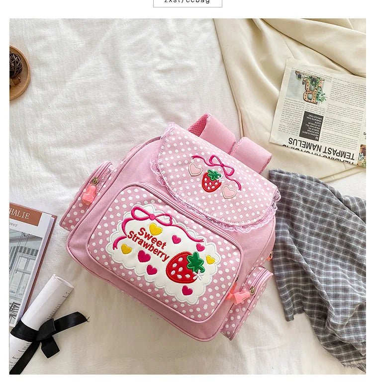Pink Girl Embroidery Strawberry Children's Schoolbag Student Birthday Gift 2026 New Japanese Cartoon Pink Backpack Book Bags - Firu Total Sales