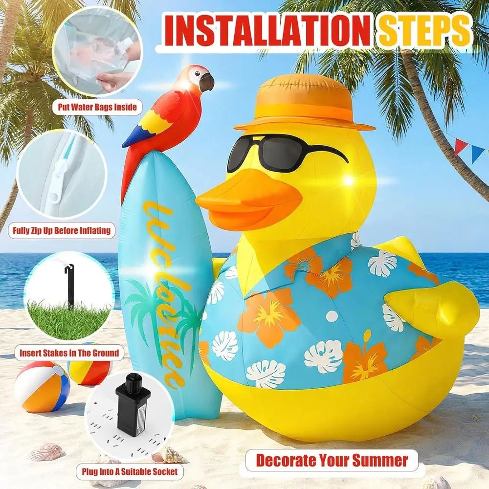 Pre - Lit LED Beach Surfboard Duck Outdoor Decoration with Blower & Ground Nails for Summer Hawaiian Party - Firu Total Sales