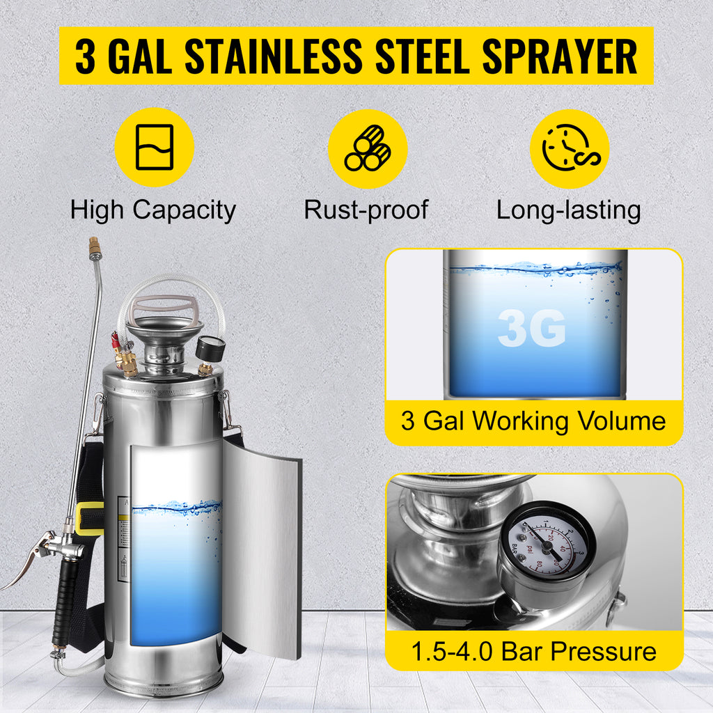 SucceBuy 4-12L Hand Powered Sprayer Stainless Steel Watering Spraying Sprinkling Atomizer Pump Home Garden Cleaning Sprayer