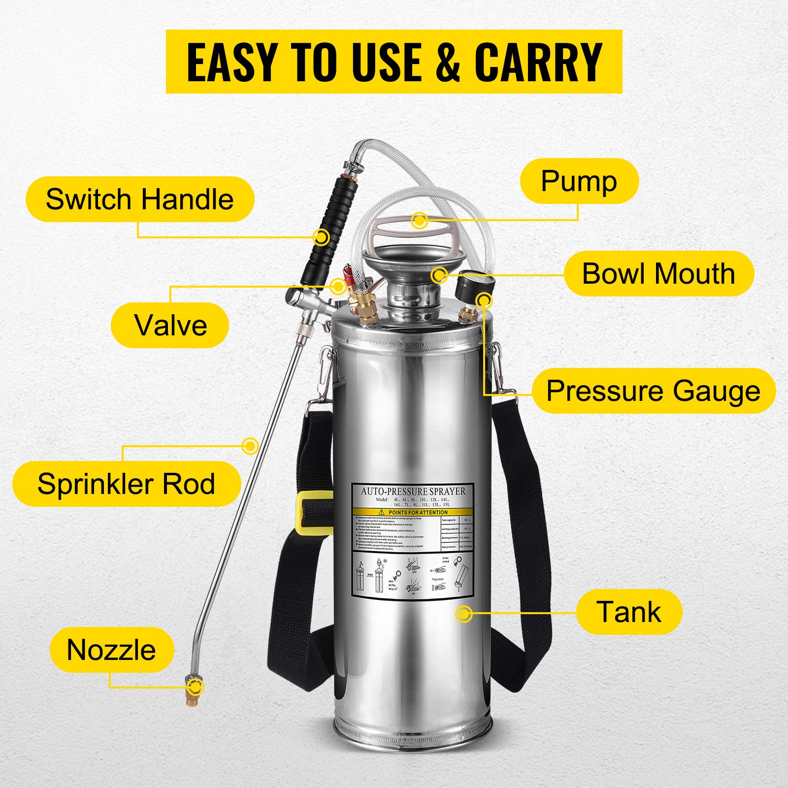 SucceBuy 4-12L Hand Powered Sprayer Stainless Steel Watering Spraying Sprinkling Atomizer Pump Home Garden Cleaning Sprayer