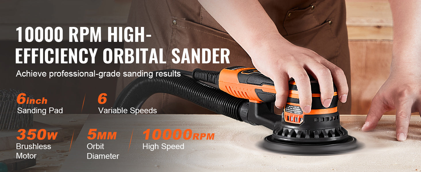 SucceBuy Random Orbital Sander 350W Brushless 10000 PRM 6 Variable Speed Electric Orbital Sander for Woodworking Detail Sanding