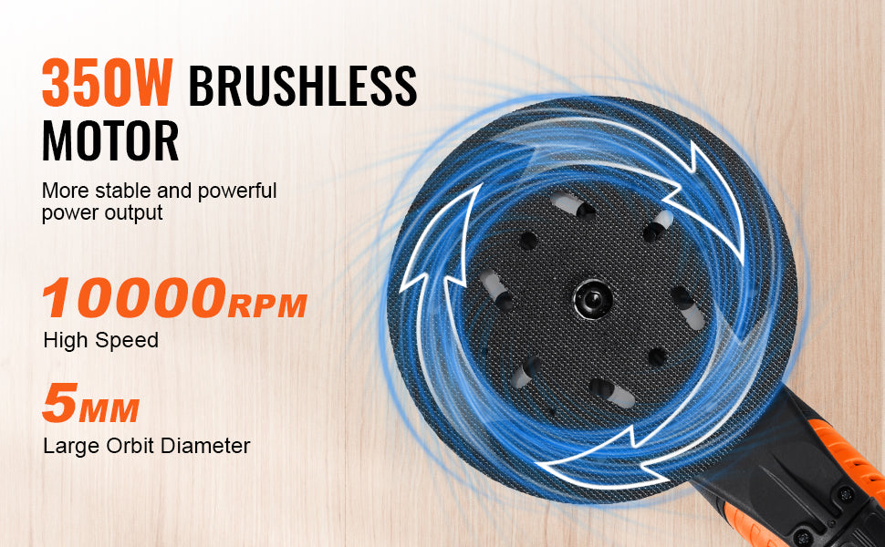 SucceBuy Random Orbital Sander 350W Brushless 10000 PRM 6 Variable Speed Electric Orbital Sander for Woodworking Detail Sanding