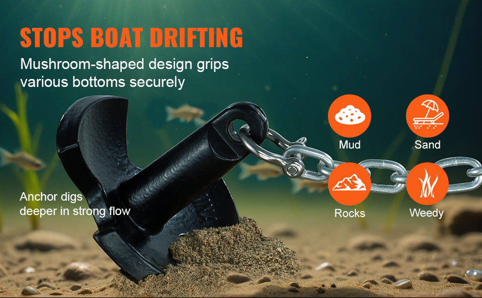 SucceBuy River Anchor 12 lbs Boat Anchor Cast Iron Black Vinyl-Coated with Shackle,  Mushroom Anchor Fit for Boats Up To 10 ft